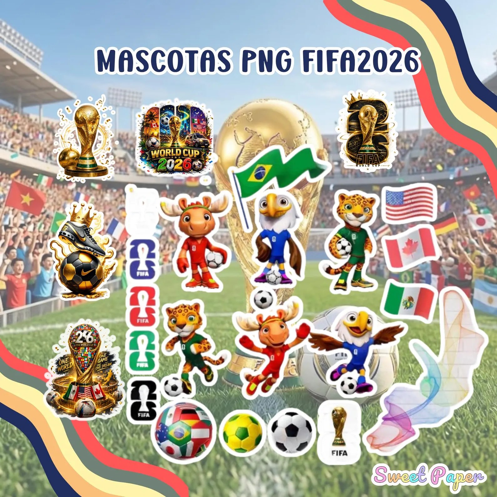 Mundial 2026 Stickers PNG | Kit Digital Fútbol | Mascotas FIFA | Copa FIFA Mundial 2026